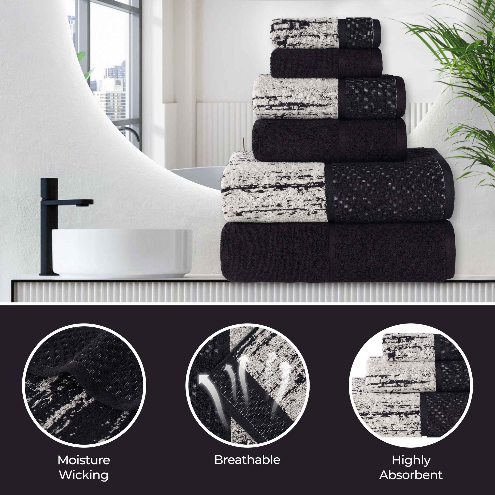 Lodie Cotton Jacquard Solid and Two-Toned 12 Piece Assorted Towel Set - Black-Ivory