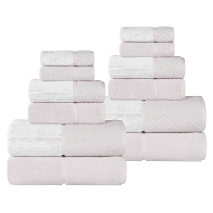 Lodie Cotton Jacquard Solid and Two-Toned 12 Piece Assorted Towel Set - Stone-White