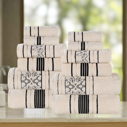 Sadie Zero Twist Cotton Floral Solid and Jacquard 12 Piece Towel Set - Ivory