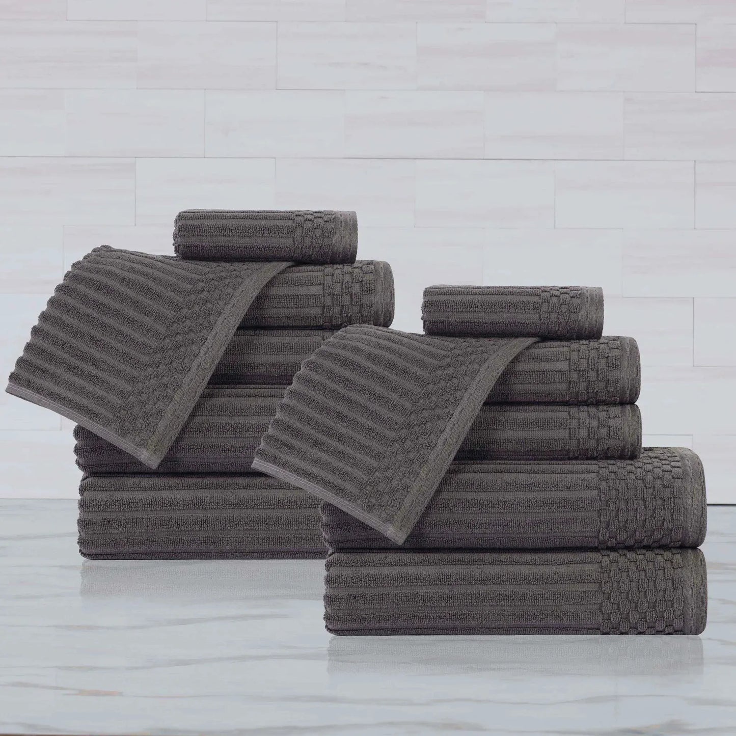 Ribbed Textured Cotton Medium Weight 12 Piece Towel Set