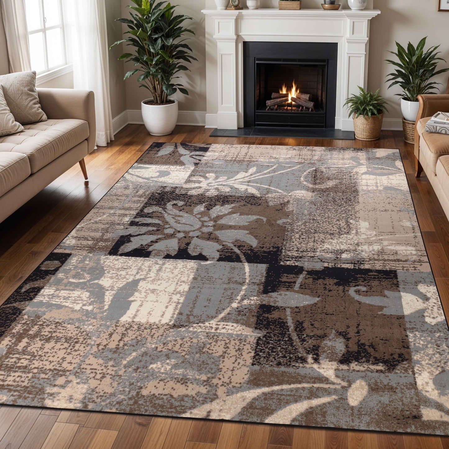 Pastiche Contemporary Floral Patchwork Indoor Area Rug or Runner - Beige