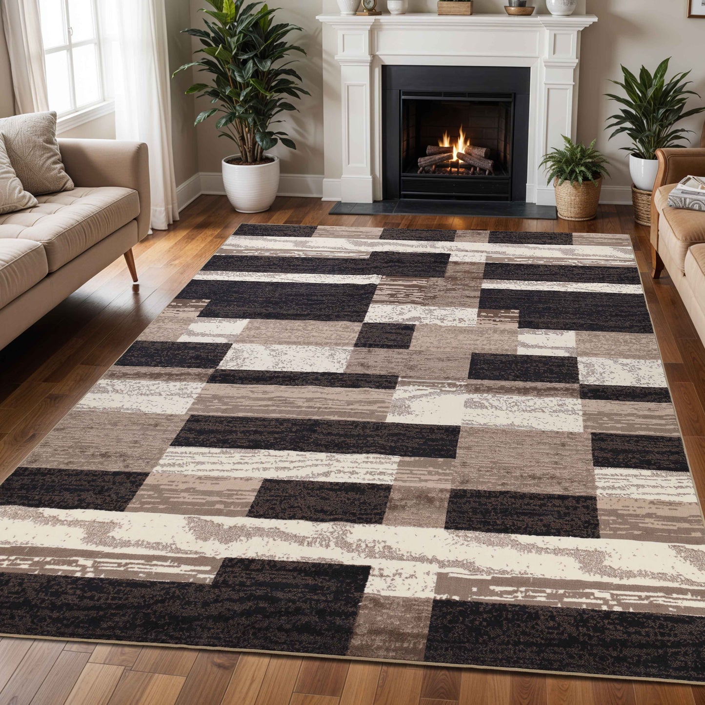 Rockwood Modern Geometric Patchwork Indoor Area Rug or Runner - Chocolate