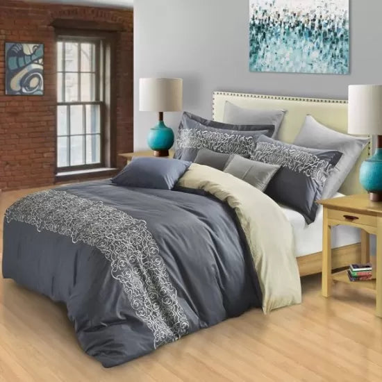 Harrison Embroidered Filigree Cotton Duvet Cover Set - Gray