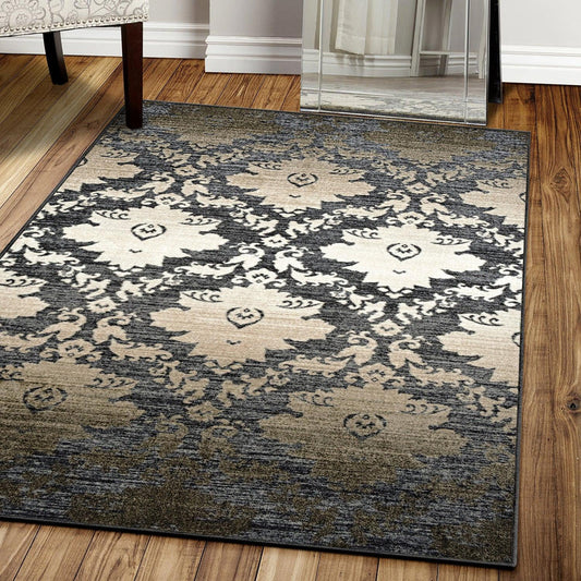 Geneva Medallion Scroll Non-Slip Washable Indoor Area Rug or Runner - NavyBlue-Cream