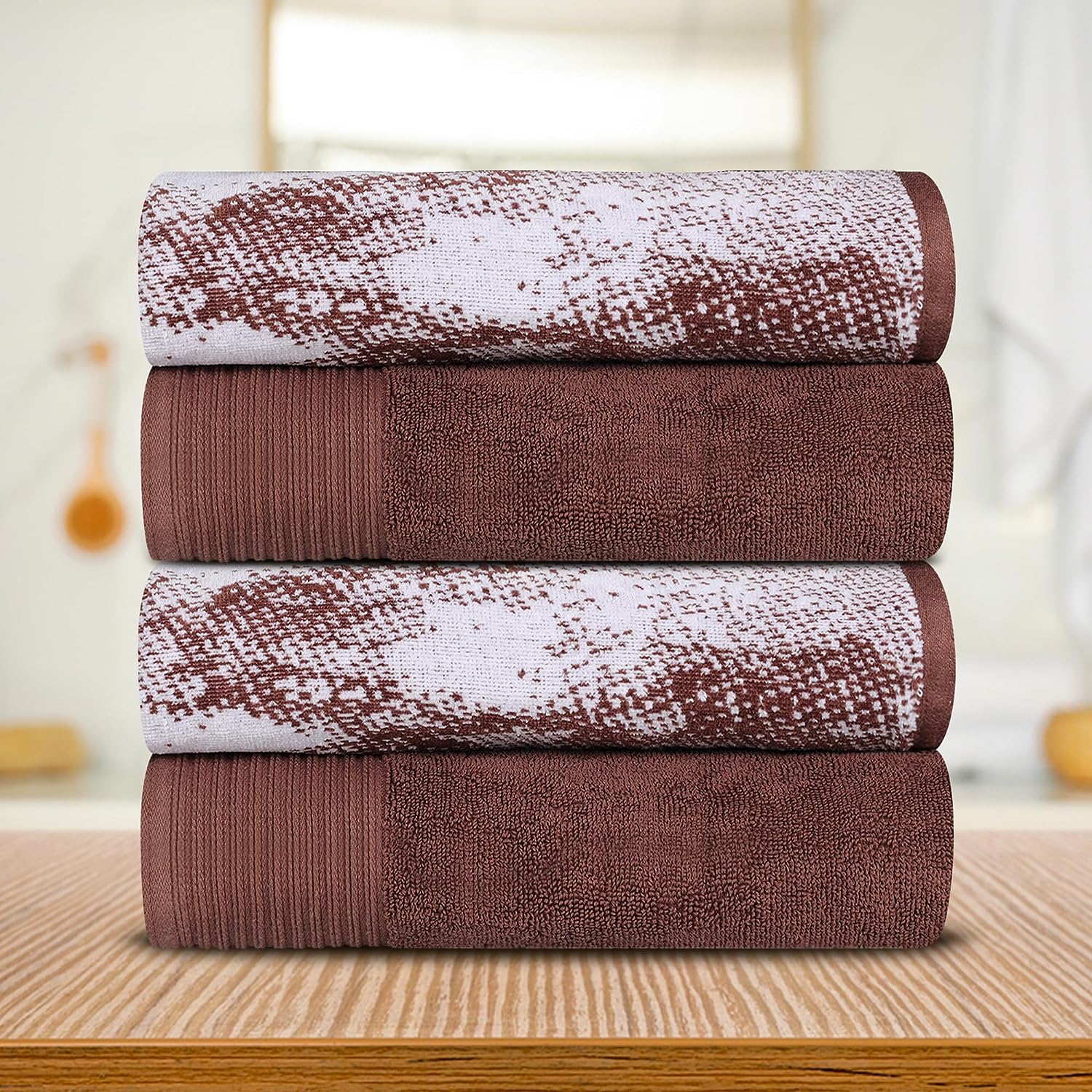 Superior Cotton Medium Weight Marble Solid Jacquard Border Bath Towels (Set of 4) - Bronze