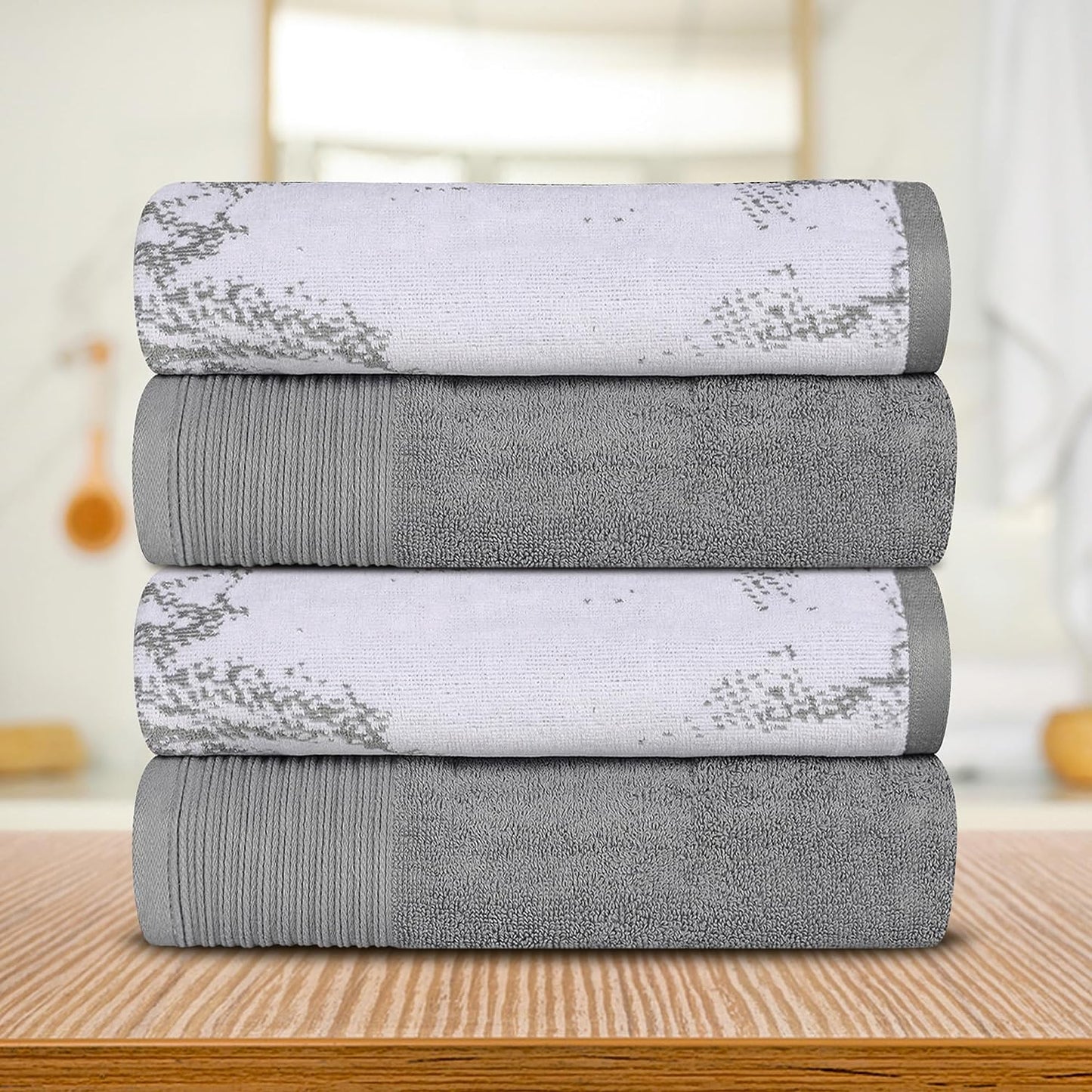 Superior Cotton Medium Weight Marble Solid Jacquard Border Bath Towels (Set of 4) - Grey