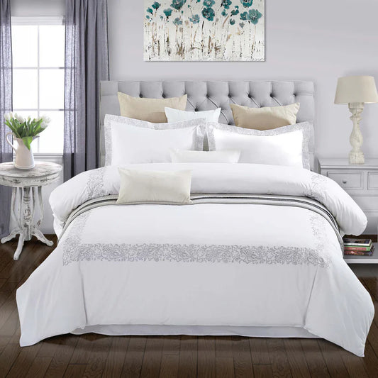 Moon Lawn Embroidered Cotton Duvet Cover Set - White