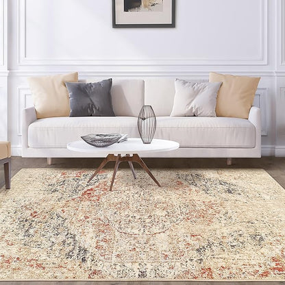 Heavily Distressed Oriental Medallion Area Rug - Cream