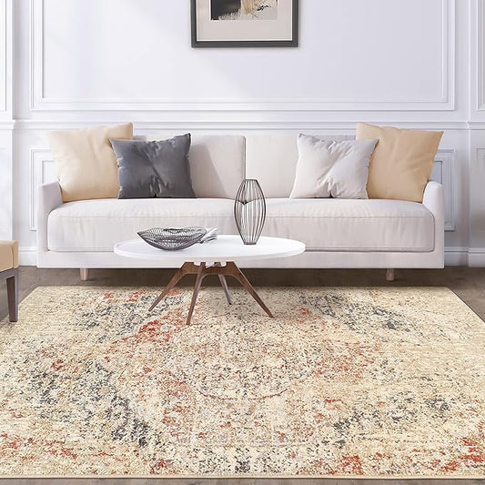 Heavily Distressed Oriental Medallion Area Rug - Cream