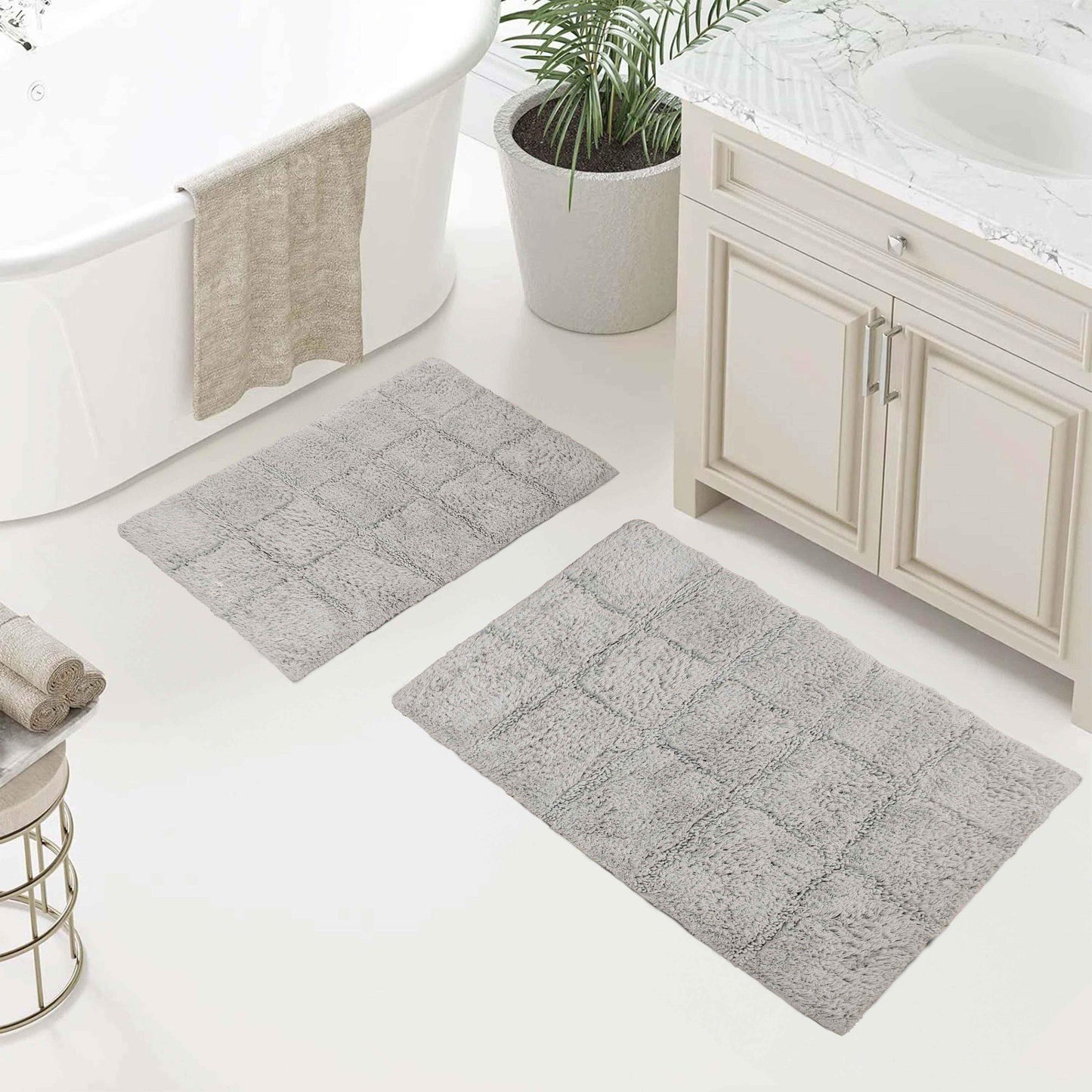 2 Piece Cotton Checkered Solid Non Slip Bath Rug Set