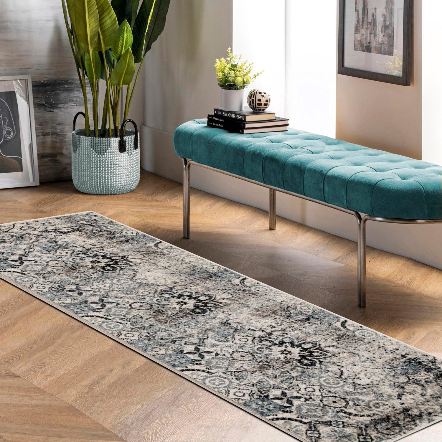 Distressed Floral Medallion Indoor Rug or Runner - Blue