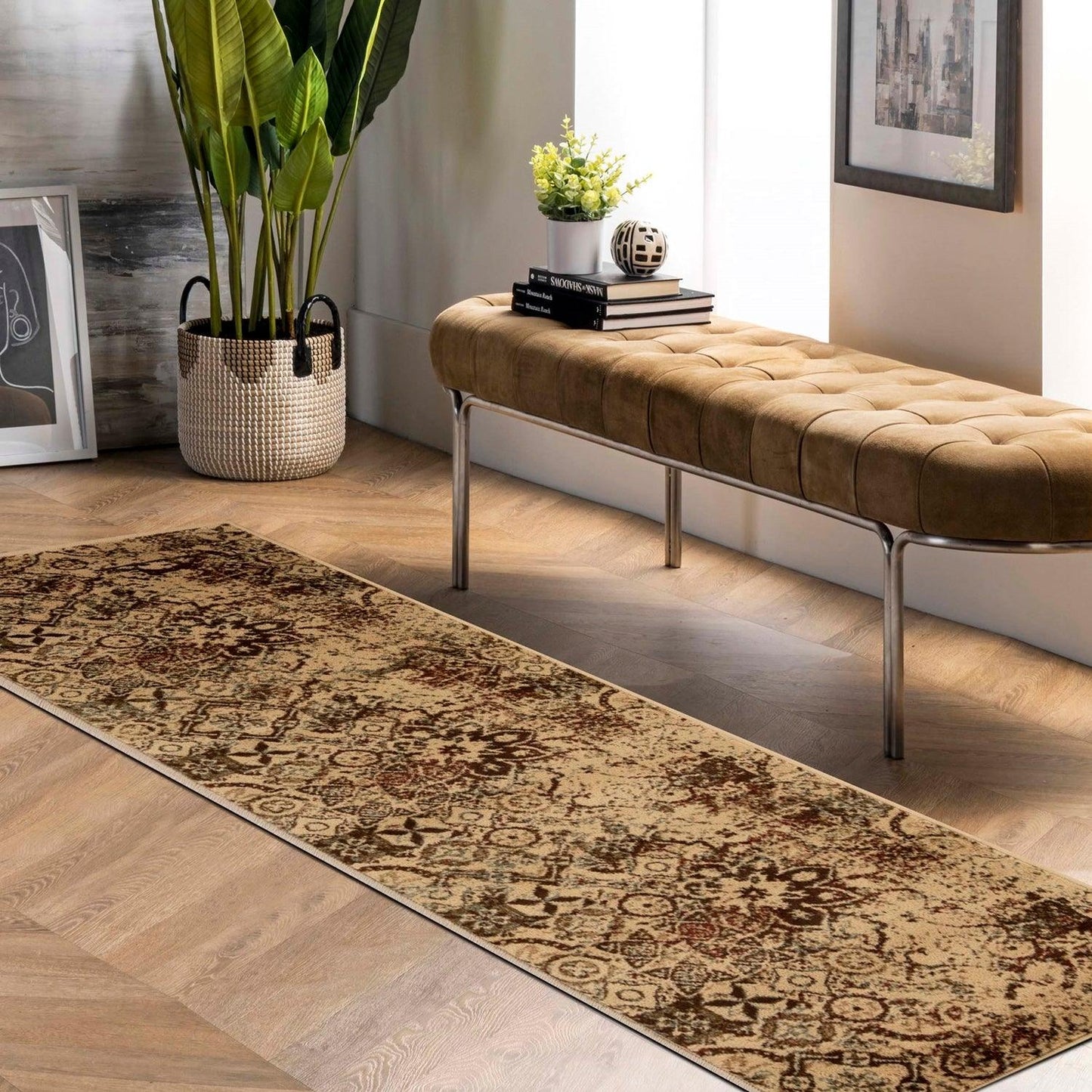 Distressed Floral Medallion Indoor Rug or Runner - Cream