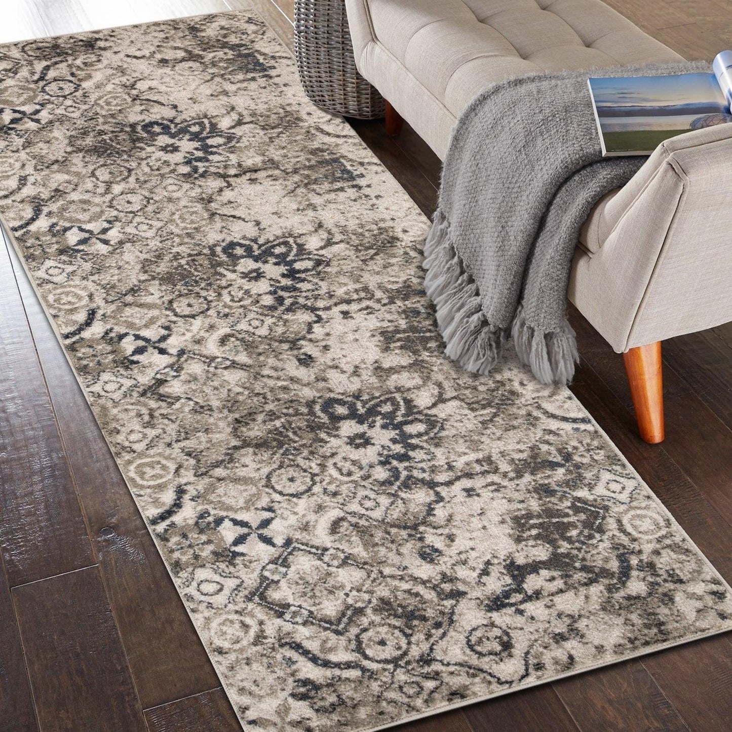 Distressed Floral Medallion Indoor Rug or Runner - Deep Royal