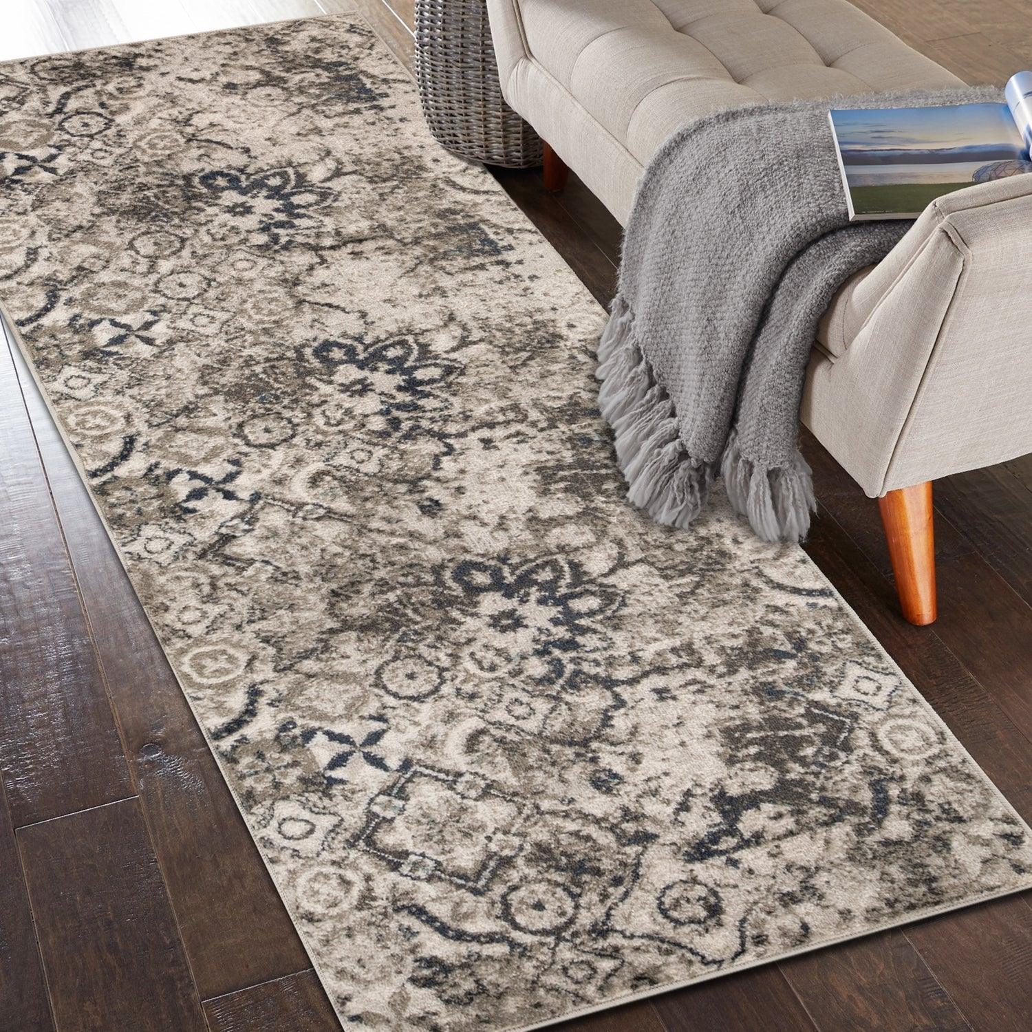 Distressed Floral Medallion Indoor Rug or Runner - Deep Royal