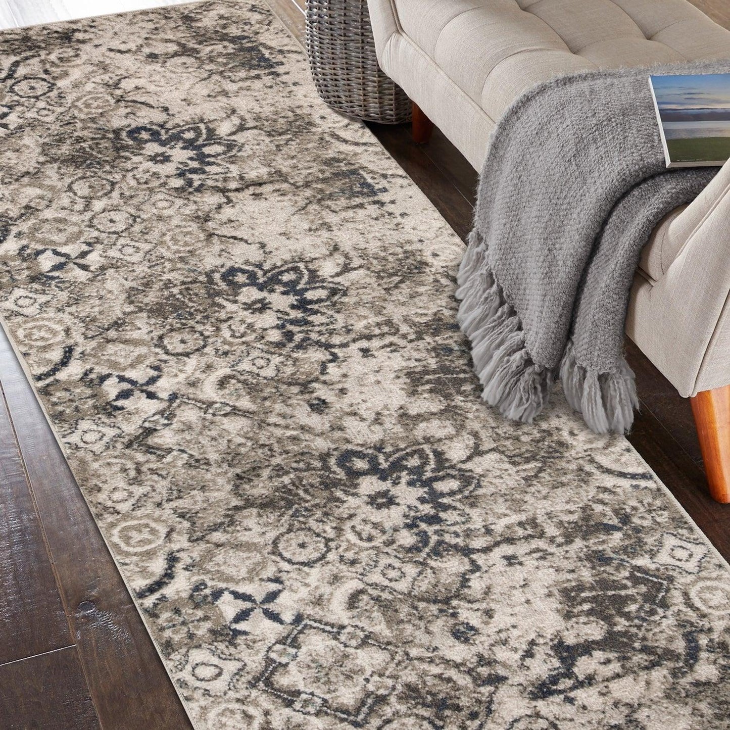 Distressed Floral Medallion Indoor Rug or Runner - Deep Royal