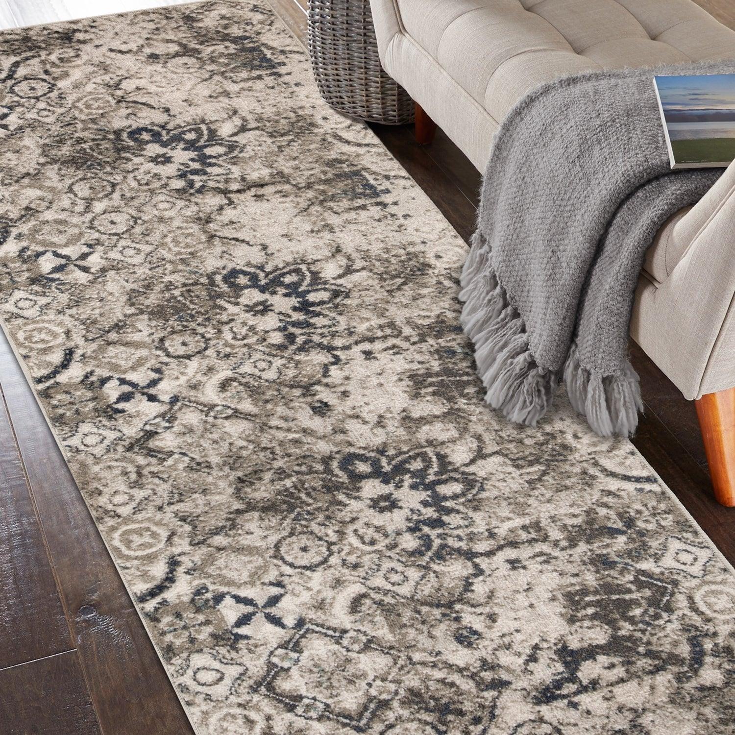Distressed Floral Medallion Indoor Rug or Runner - Deep Royal