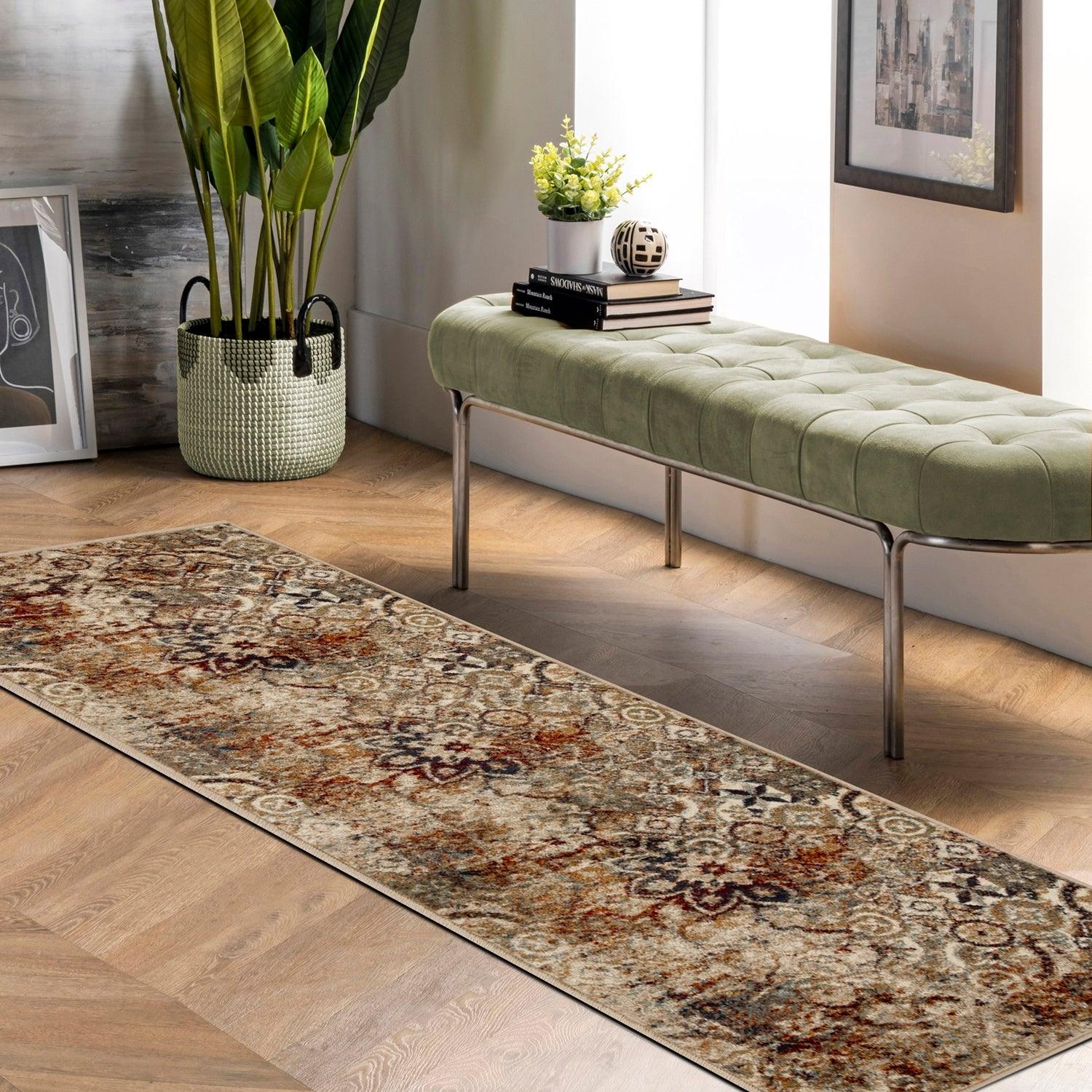 Distressed Floral Medallion Indoor Rug or Runner - Maroon