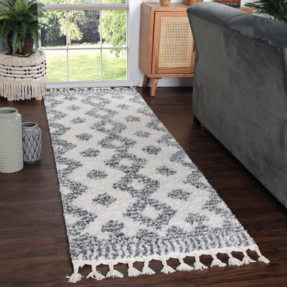  Superior Bohemian Geometric Indoor Plush Shag Area Rug with Tassels - Black-Cream
