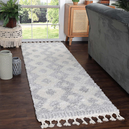  Superior Bohemian Geometric Indoor Plush Shag Area Rug with Tassels - Grey-Cream