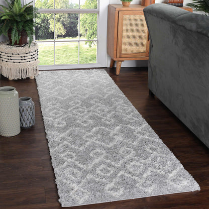  Superior Boho Geometric Diamonds Indoor Plush Shag Area Rug  - Cream-Grey