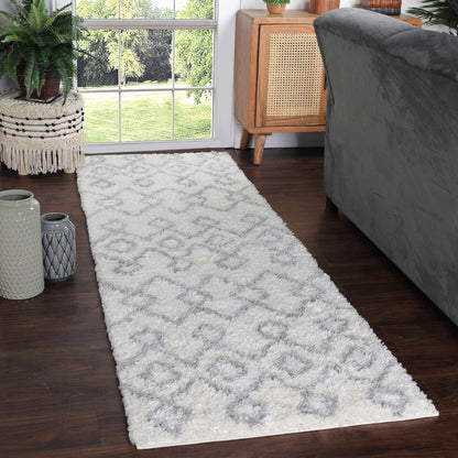  Superior Boho Geometric Diamonds Indoor Plush Shag Area Rug - Grey-Cream