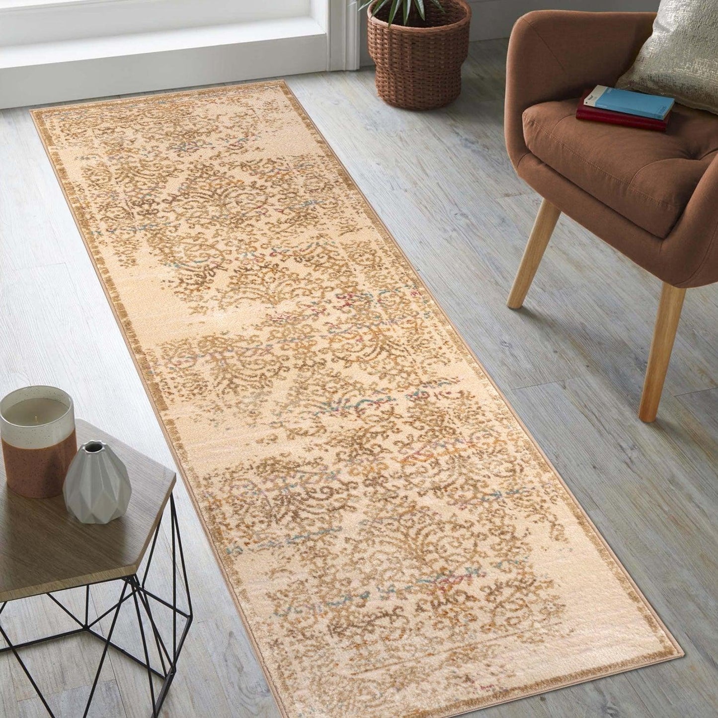 Superior Astrid Floral Filigree Faux Distressed Area or Runner Rug - Ivory