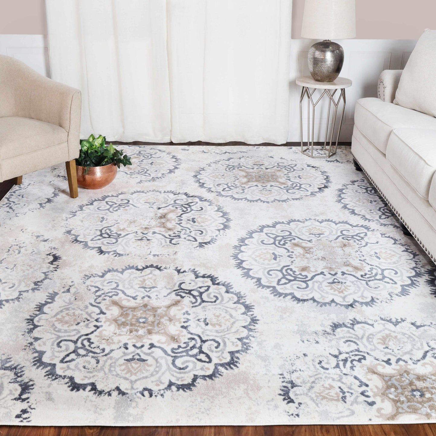 Superior Modern Distressed Medallion Indoor Area or Runner Rug - Platinum