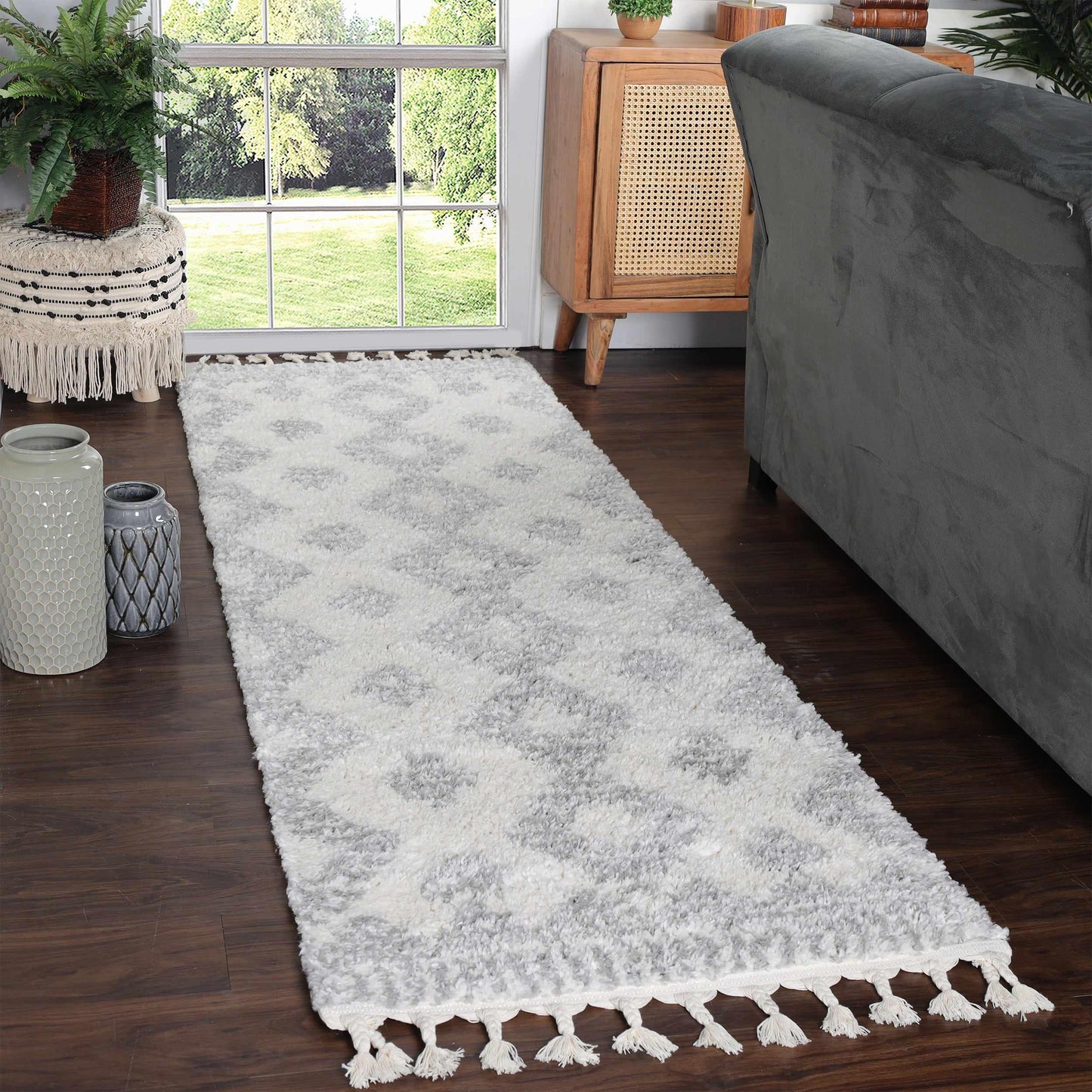  Superior Bohemian Geometric Indoor Plush Shag Area Rug with Tassels - Grey-Cream