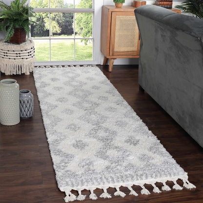  Superior Bohemian Geometric Indoor Plush Shag Area Rug with Tassels - Grey-Cream