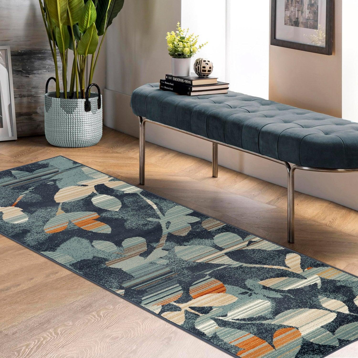 Superior Mahonia Leaf and Vine Indoor Area Rug or Runner  -Blue