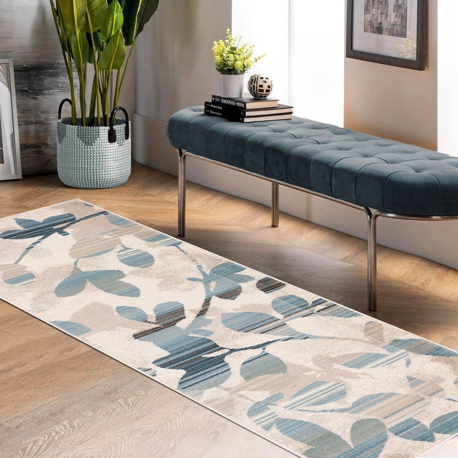 Superior Mahonia Leaf and Vine Indoor Area Rug or Runner  - Cream-Blue