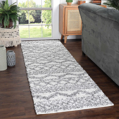 Superior Geometric Bohemian Indoor Plush Shag Area Rug - Grey-Cream
