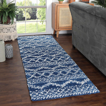 Superior Geometric Bohemian Indoor Plush Shag Area Rug - Cream-Blue