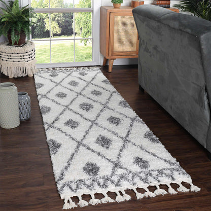  Superior Boho Tribal Geometric Indoor Shag Area Rug with Tassels - Black-Cream