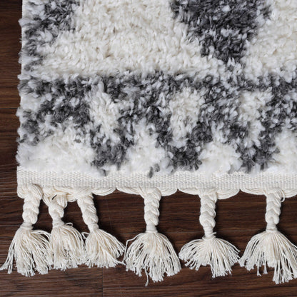  Superior Boho Tribal Geometric Indoor Shag Area Rug with Tassels - Black-Cream