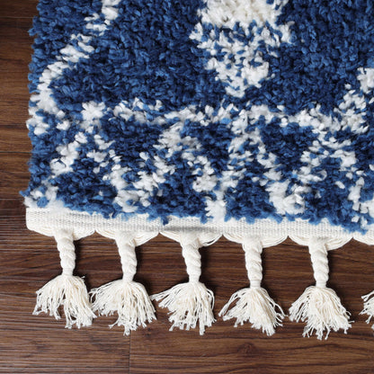  Superior Boho Tribal Geometric Indoor Shag Area Rug with Tassels - Cream-Blue