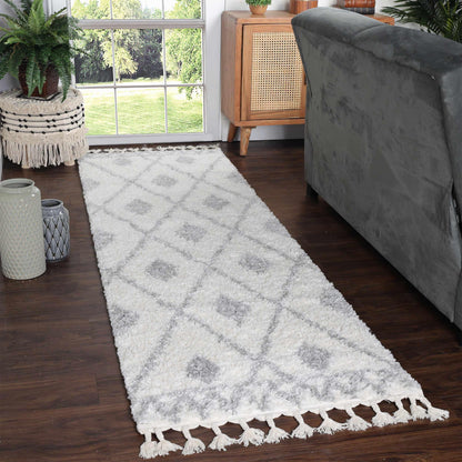  Superior Boho Tribal Geometric Indoor Shag Area Rug with Tassels  - Grey-Cream