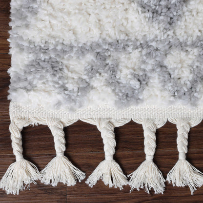  Superior Boho Tribal Geometric Indoor Shag Area Rug with Tassels - Grey-Cream