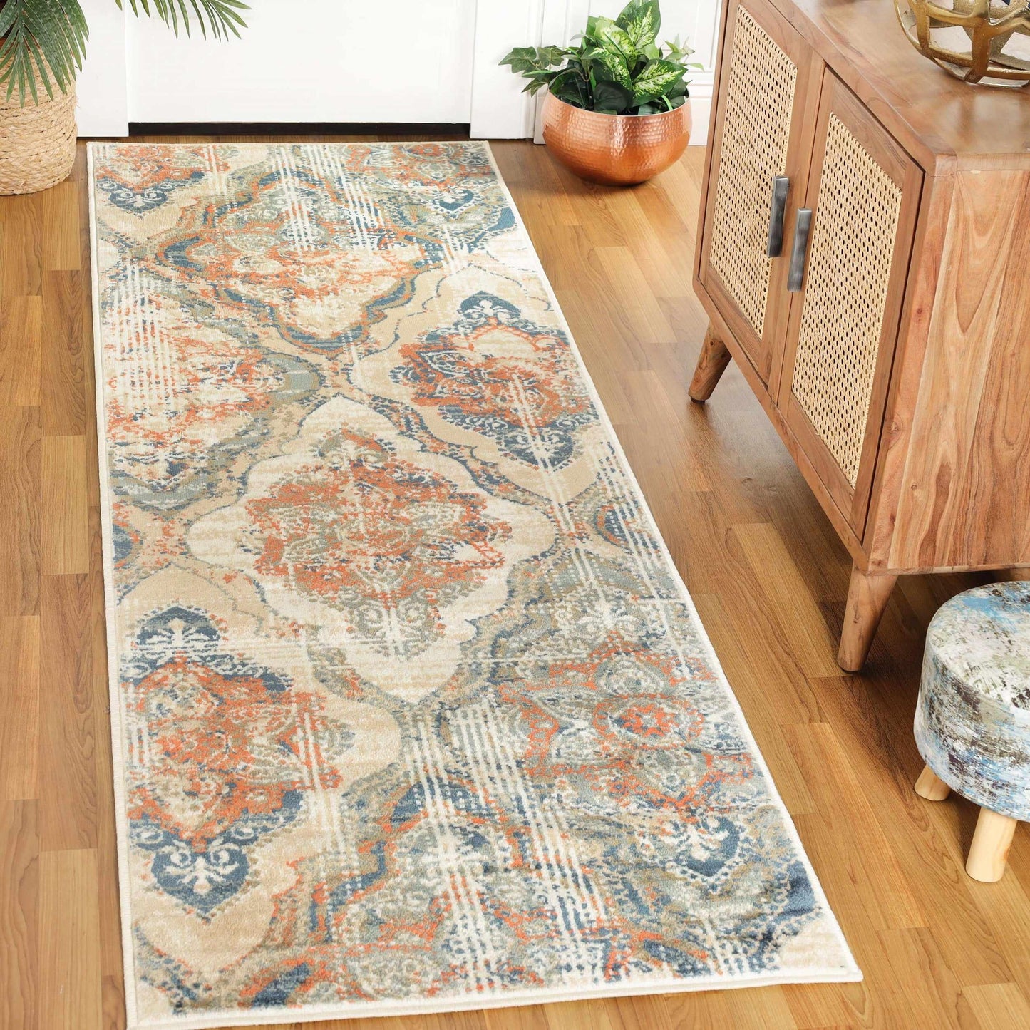 Vintage Distressed Diamond Trellis Indoor Home Area Rug Collection - Blue