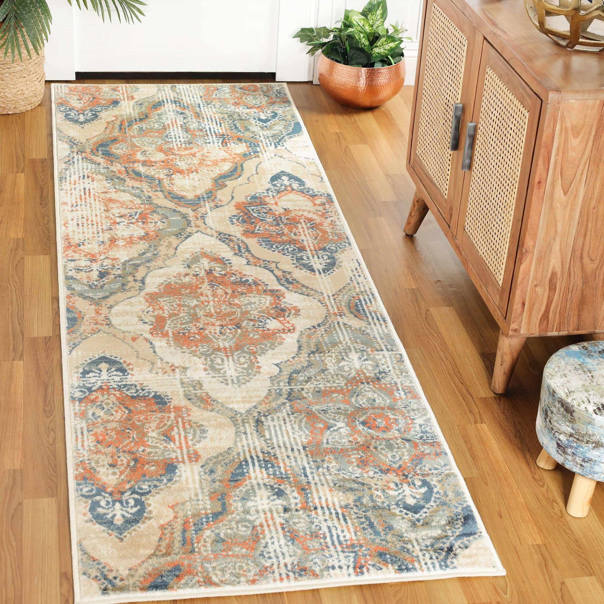 Vintage Distressed Diamond Trellis Indoor Home Area Rug Collection - Blue