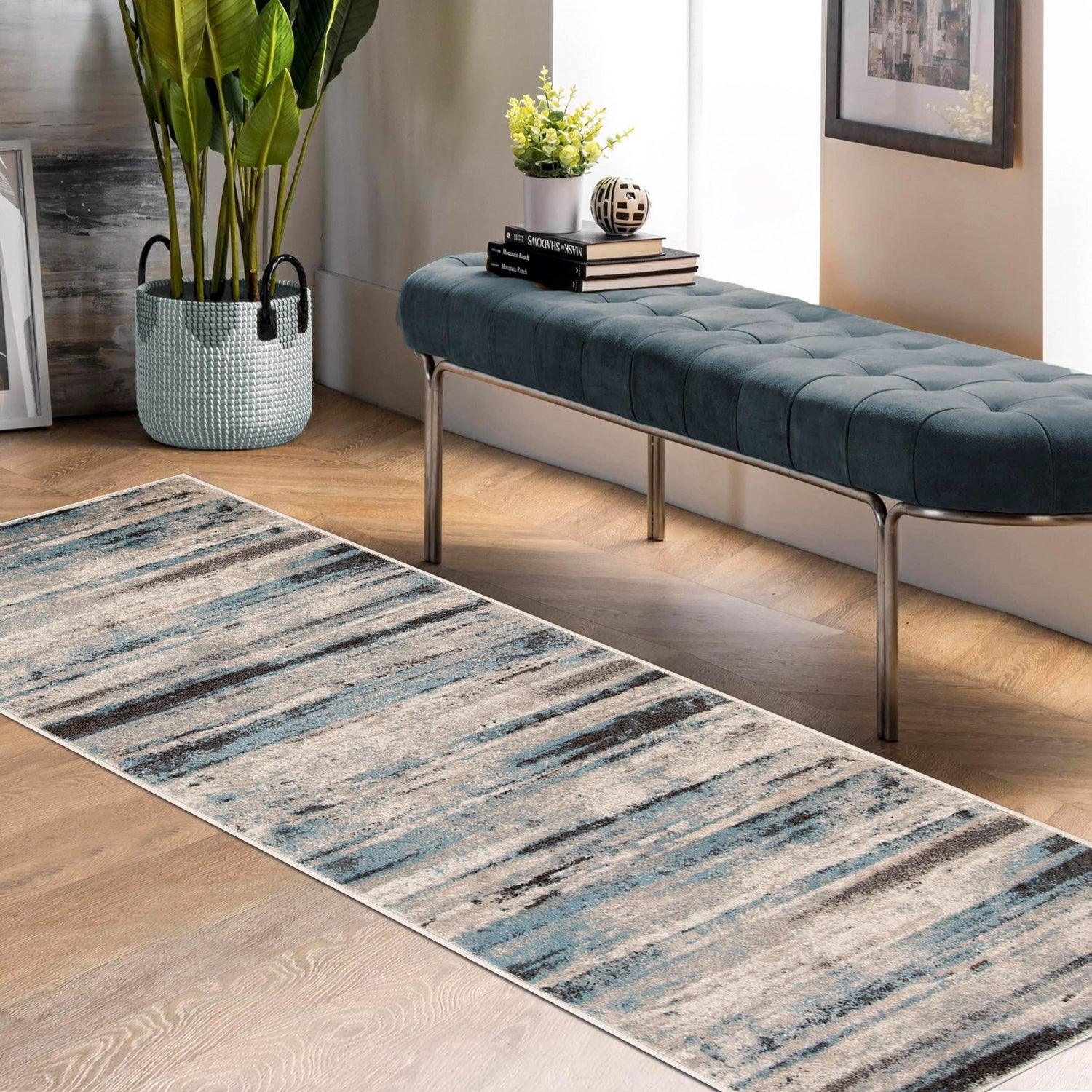 Superior Taia Striped Damask Indoor Area Rug or Runner - Blue-Cream