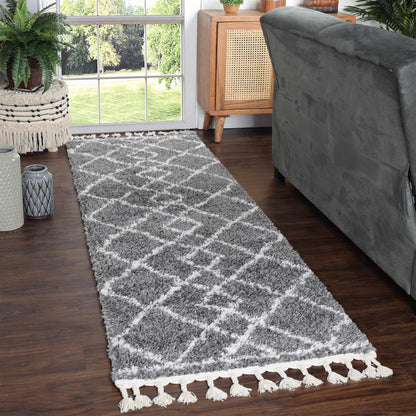  Superior Boho Geometric Diamonds Indoor Plush Shag Area Rug with Tassels - Cream-Black