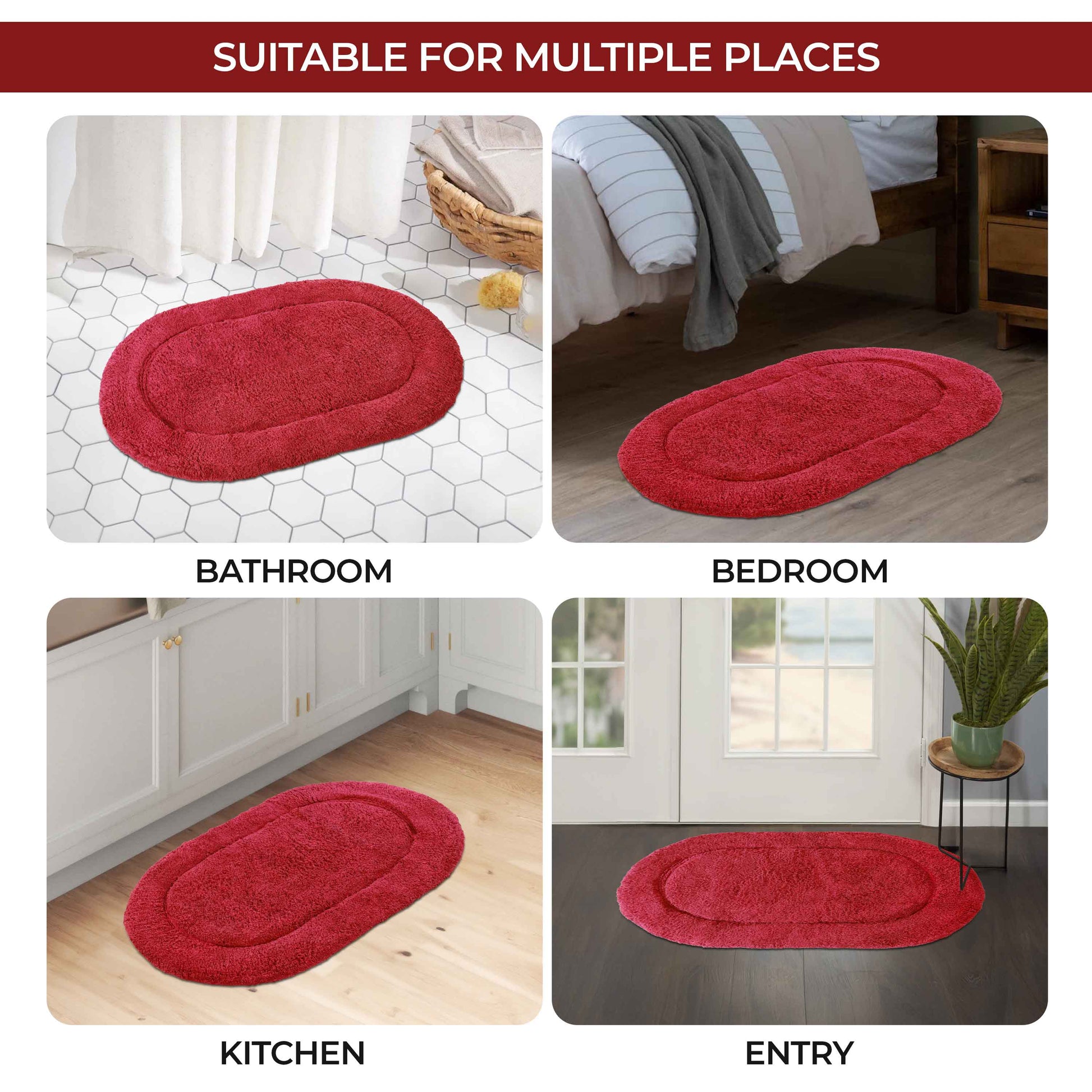 Cotton Non Slip Oval 2 Piece Bath Rug Set - Burgundy