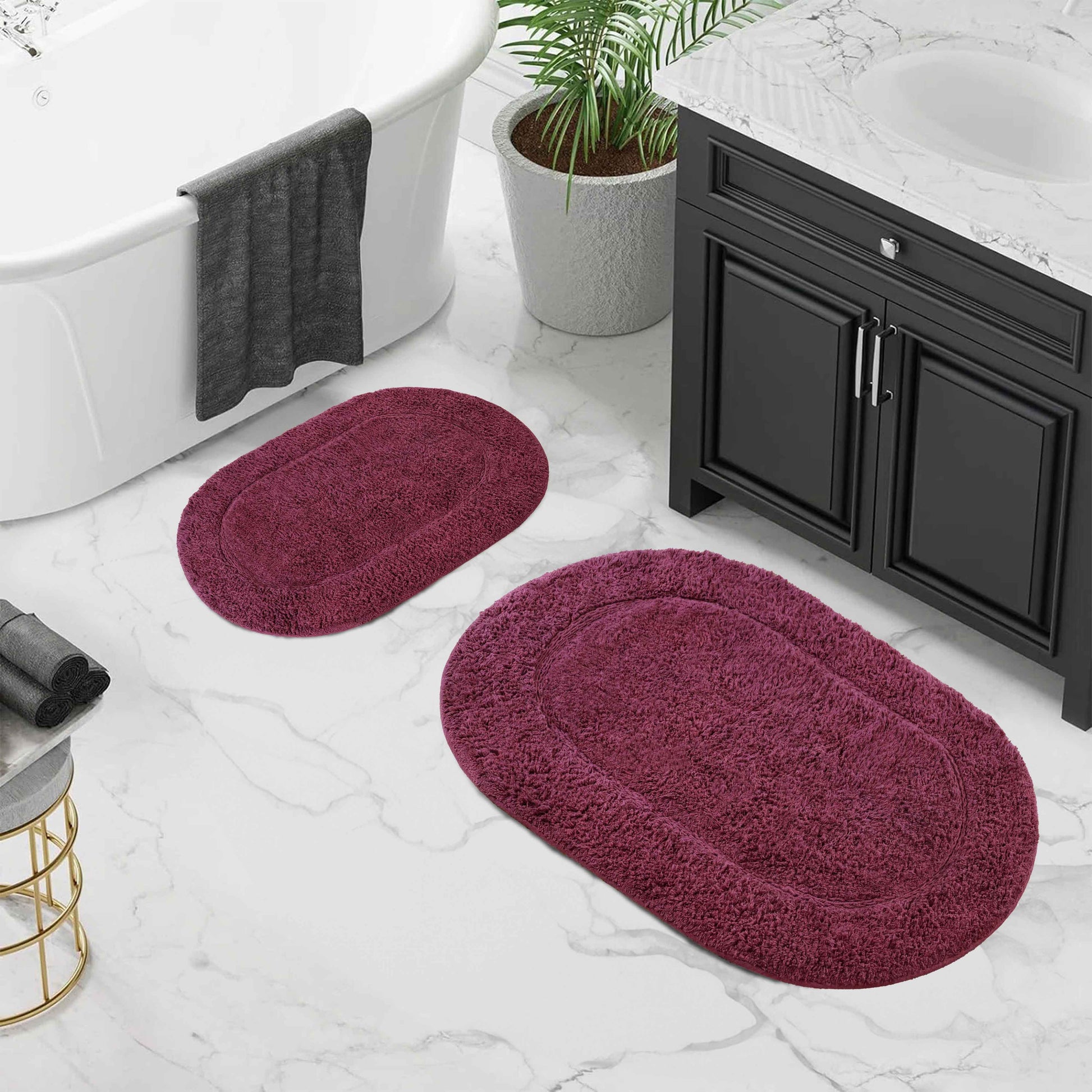 Cotton Non Slip Oval 2 Piece Bath Rug Set - Plum