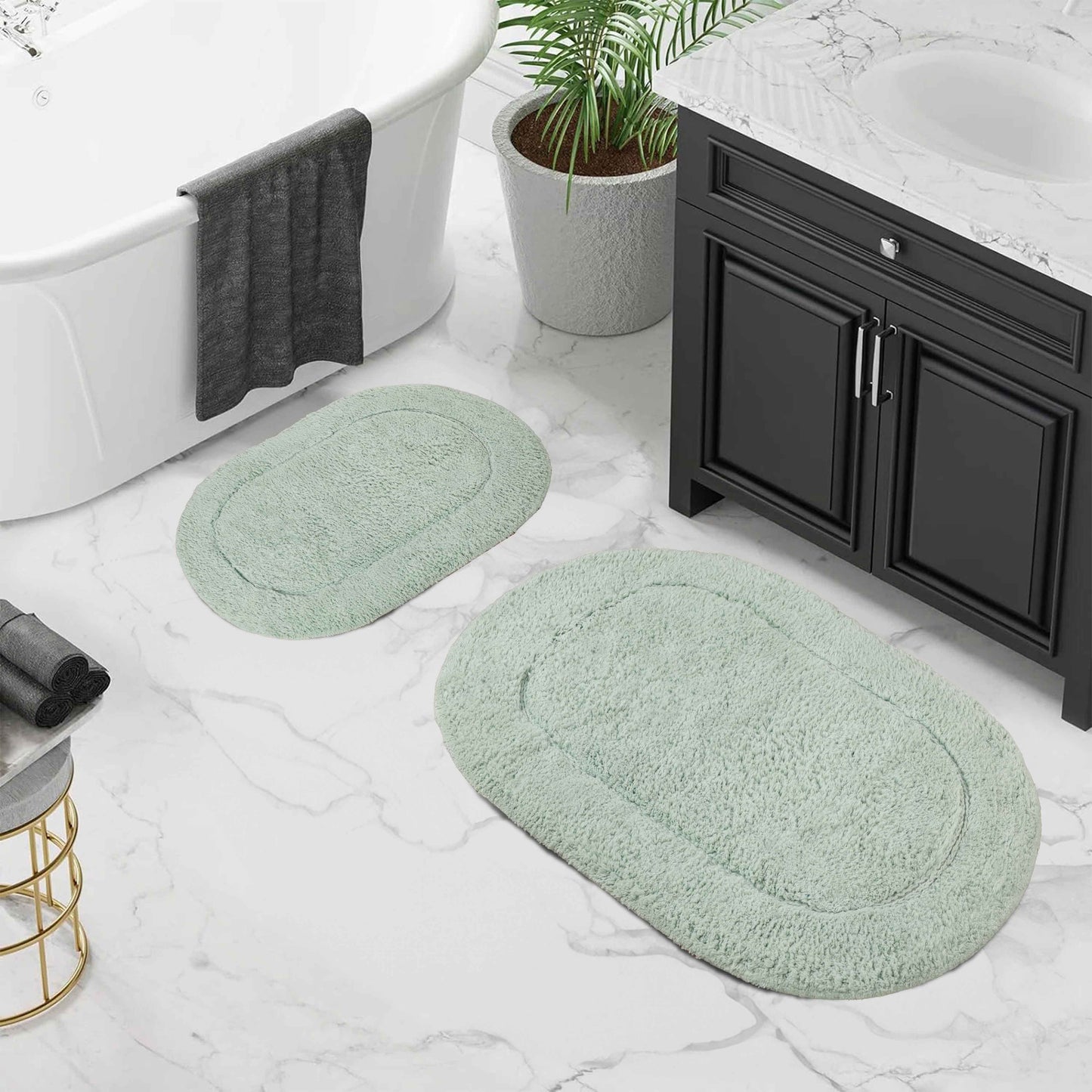 Cotton Non Slip Oval 2 Piece Bath Rug Set - Sage