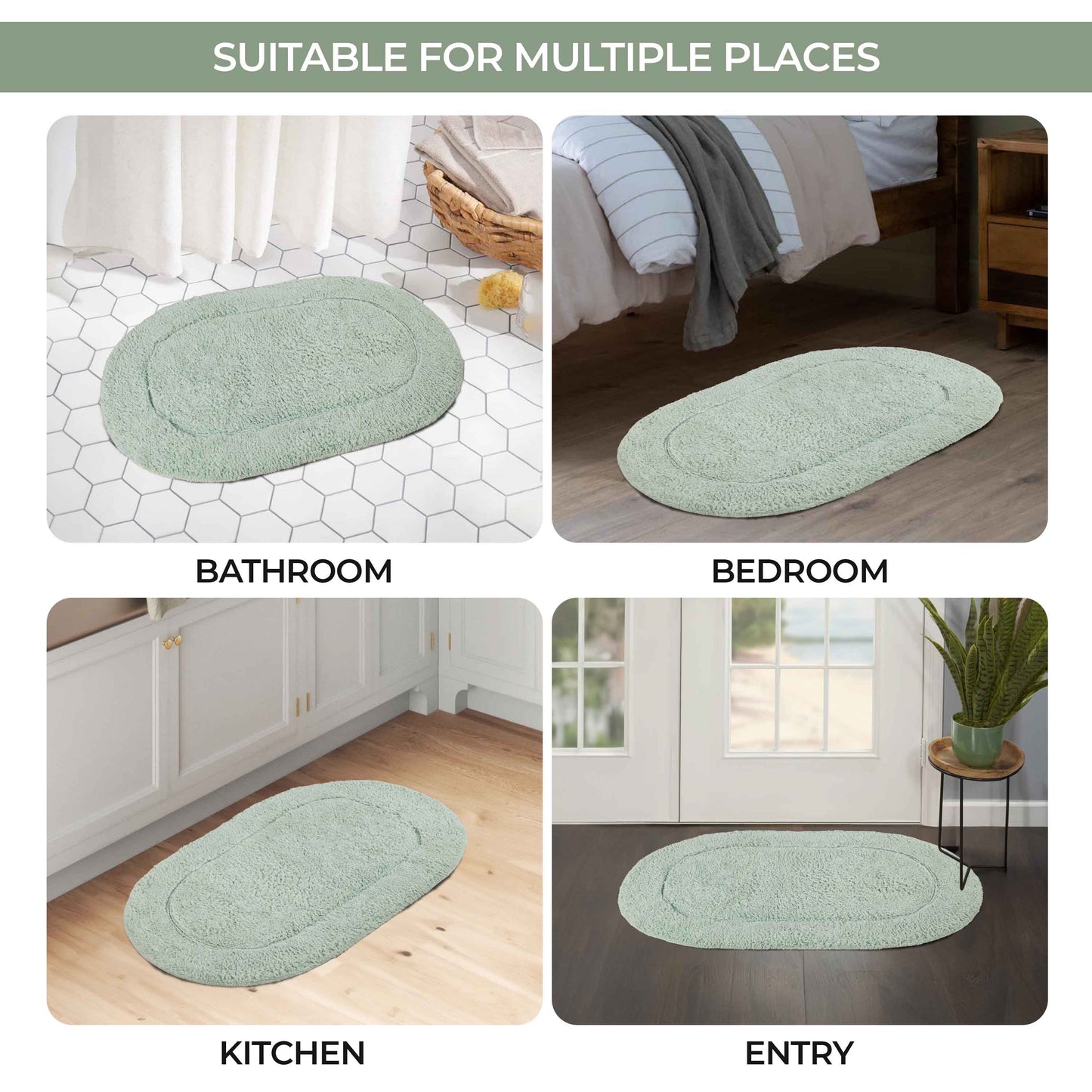 Cotton Non Slip Oval 2 Piece Bath Rug Set - Sage