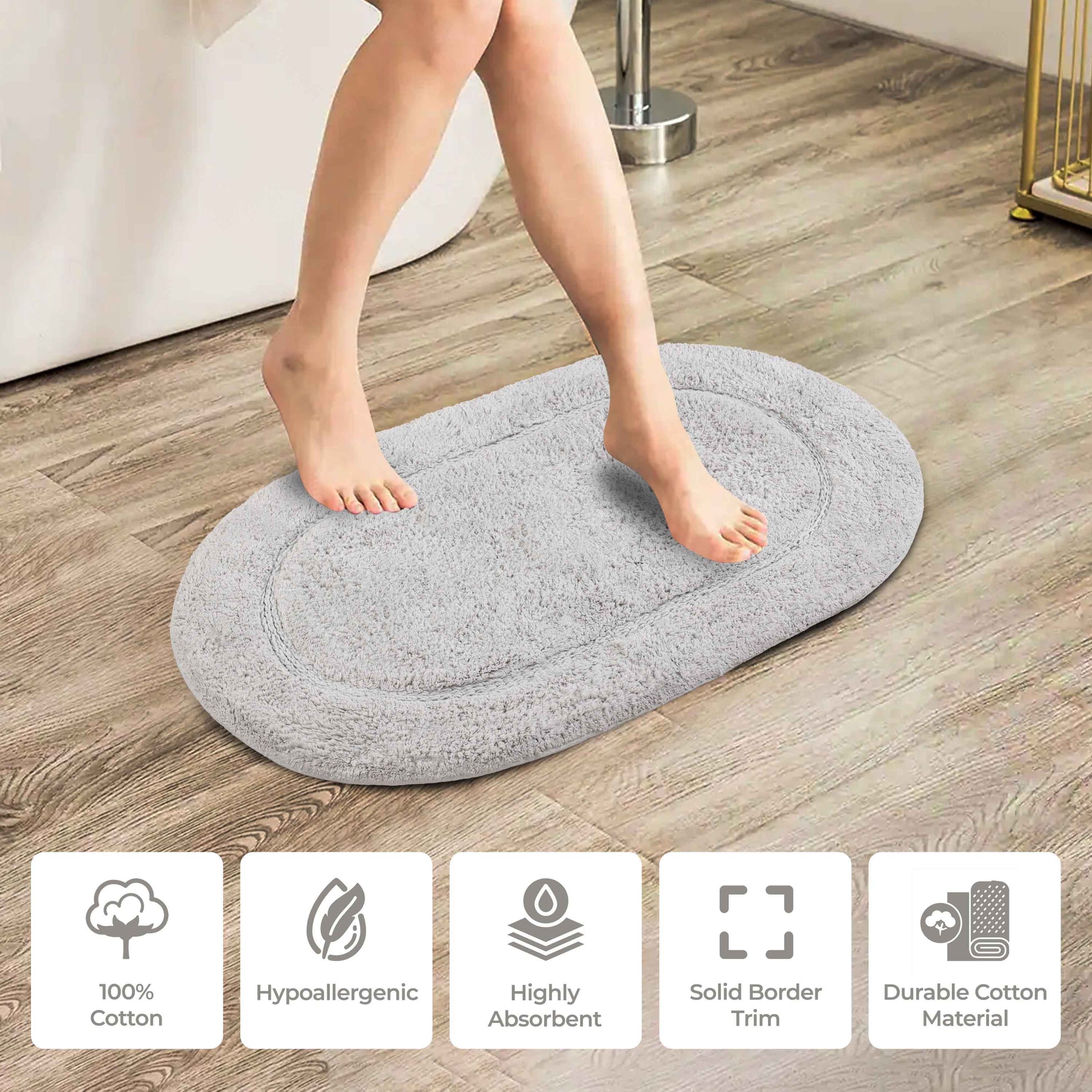 Cotton Non Slip Oval 2 Piece Bath Rug Set - Silver