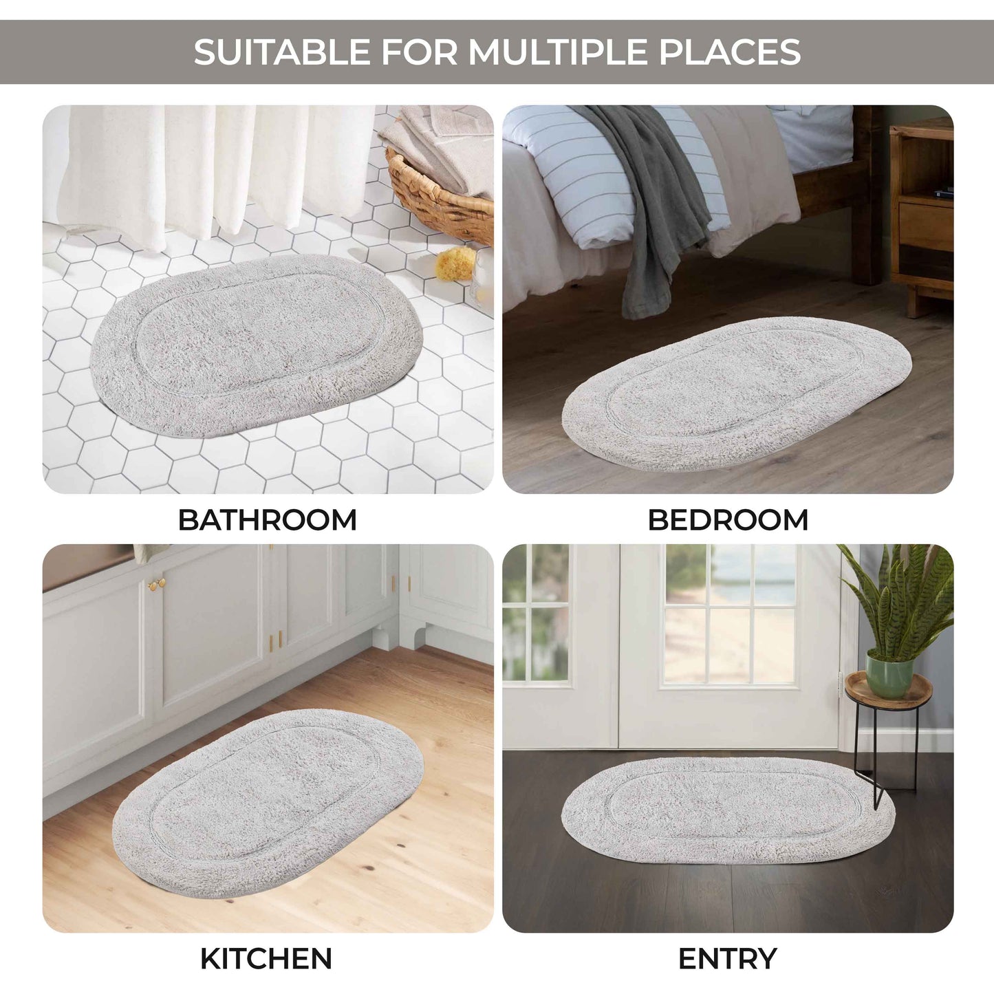 Cotton Non Slip Oval 2 Piece Bath Rug Set - Silver