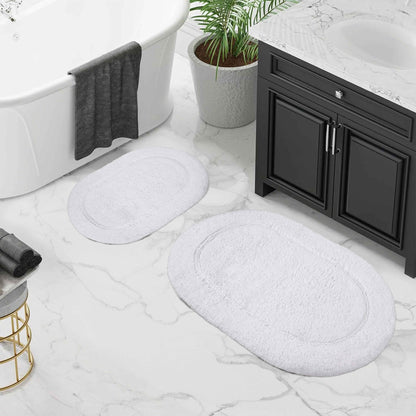 Cotton Non Slip Oval 2 Piece Bath Rug Set - White