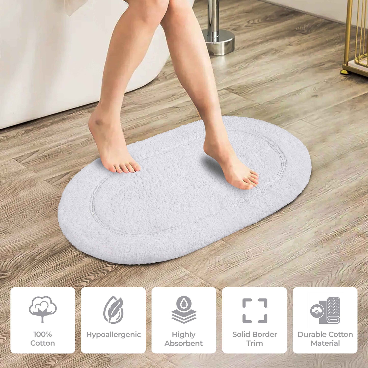 Cotton Non Slip Oval 2 Piece Bath Rug Set - White